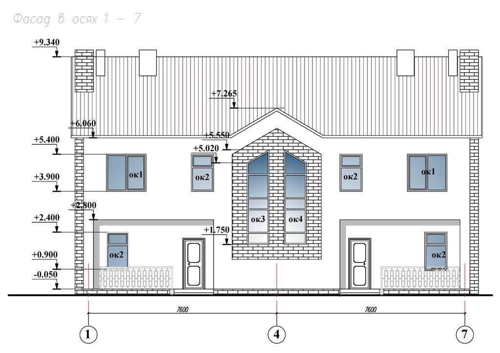 Чертеж дома с фасадом